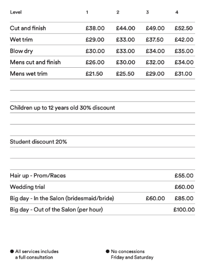 Price01 Niche Hair and Beauty Salon